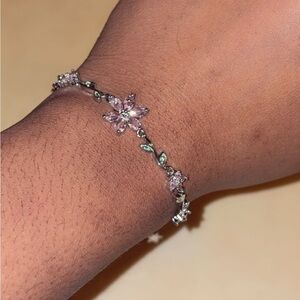 Delicate Pink Flower & Leaf Bracelet - Women Jewelry